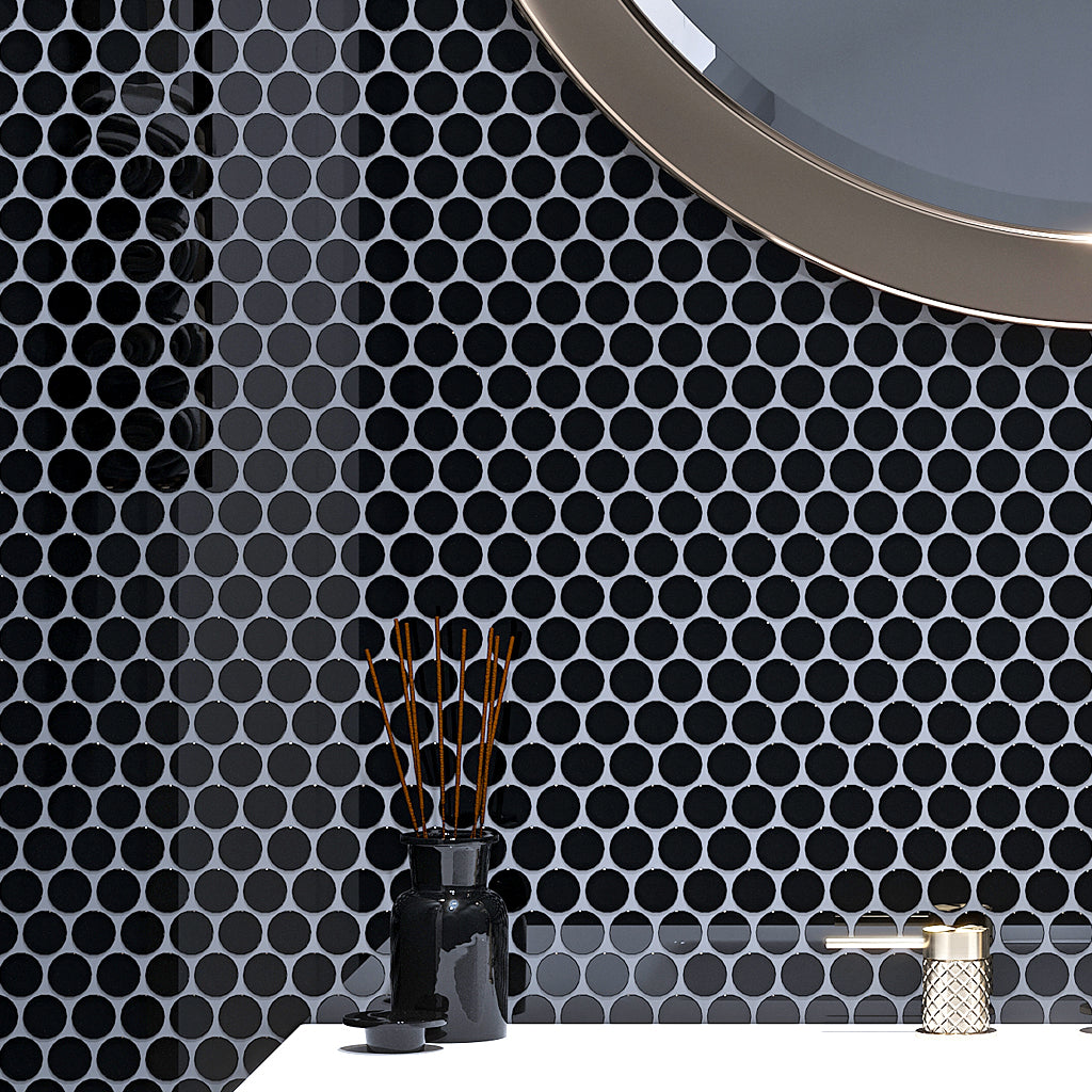 Apollo Tile Beige, Brown, Yellow 12-in x 12-in Polished Glass Penny Round Patterned Wall Tile (5-sq. ft/ Carton)