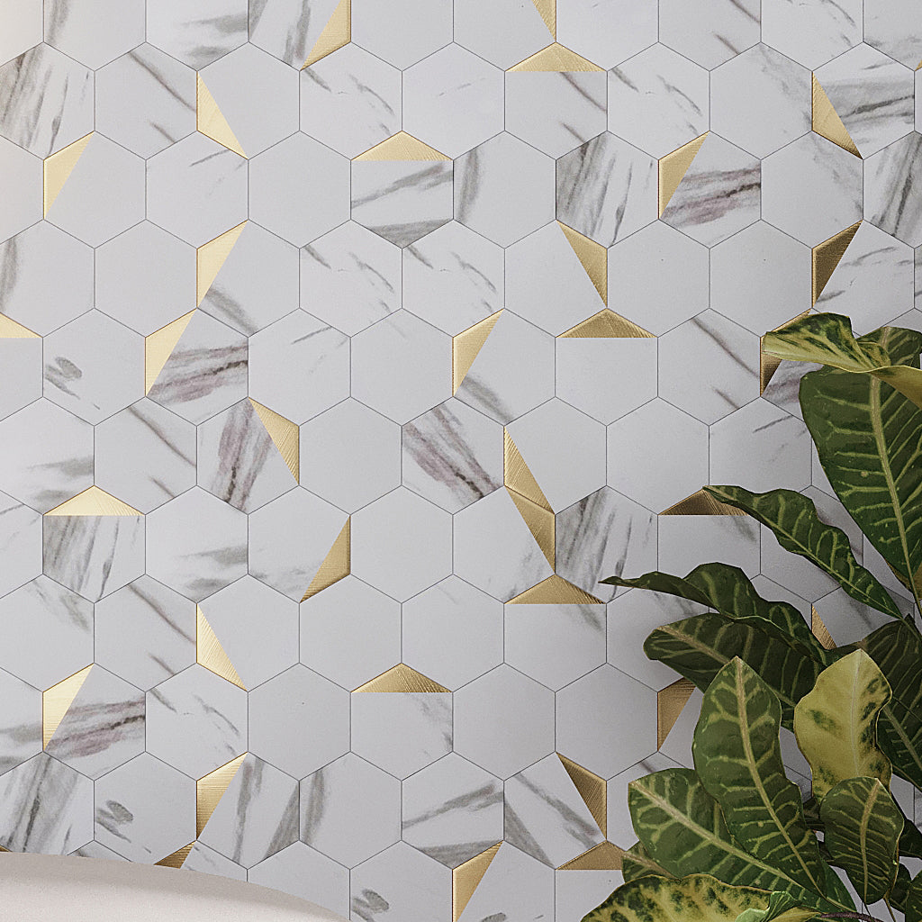 【PSA10】 デクスドルゴラモン ゴールドエッチング 背景B 15th White Gold 12x12 Honed Hexagon PVC Peel & Stick Tile for Walls