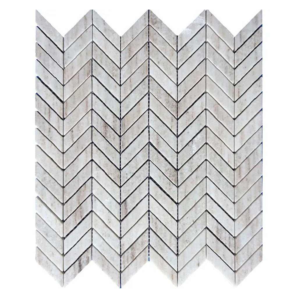 Frosted White with Gray Vein 11x13 Polished Chevron Crystal Sand Marble Mosaic Tile (5 pack, 4.9 sq ft/case)