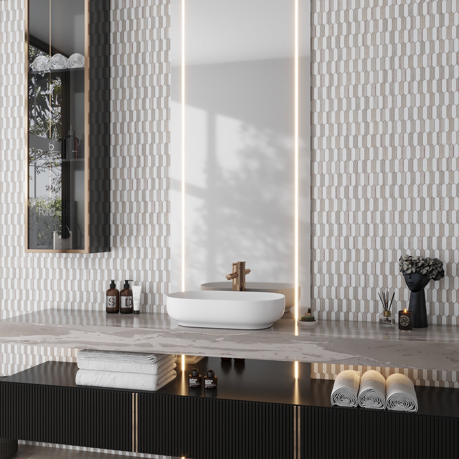 Warm Beige Thassoss White 12x12 Polished Picket Crystal Sand Mosaic Tile (5 pack, 5.3 sq ft/case)