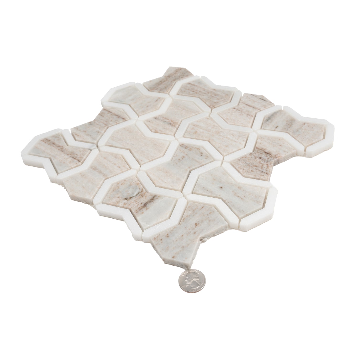 Warm Beige Thassoss White 10x10 Polished Bowtie Crystal Sand Mosaic Tile (5 pack, 3.68 sq ft/case)