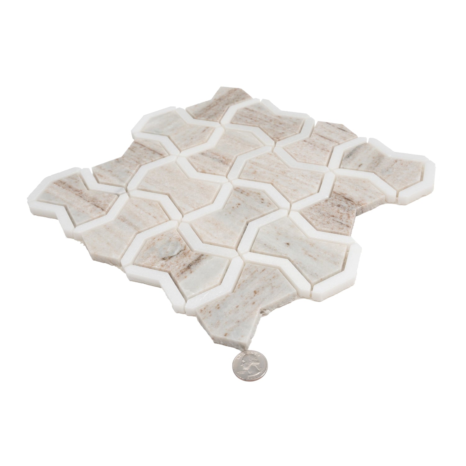 Mirage 10x10 Warm Beige White Marble White Mosaic Bowtie Wall and Floor Tile (5 Pack, 3.68 sq ft/case) - Sample