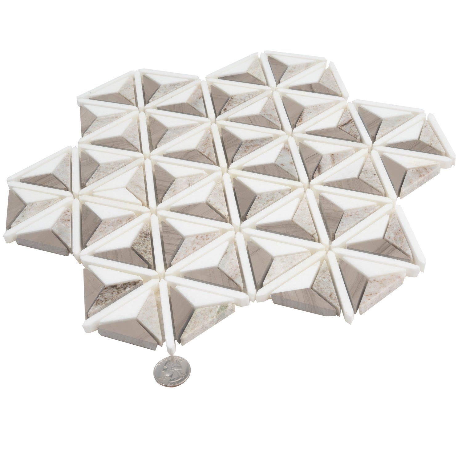 Athens Gray, Thassos White 12x12 Polished 3D Pyramid Crystal Sand Mosaic Tile (5 pack, 4.92 sq ft/case)