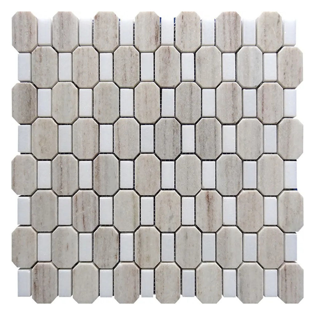 Warm Beige with Bright White 12x13 Polished Geometric Marble Mosaic Tile (5 pack, 5.59 sq ft/case) - Sample
