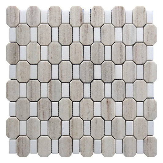 Warm Beige with Bright White 12x13 Polished Geometric Marble Mosaic Tile (5 pack, 5.59 sq ft/case) - Sample