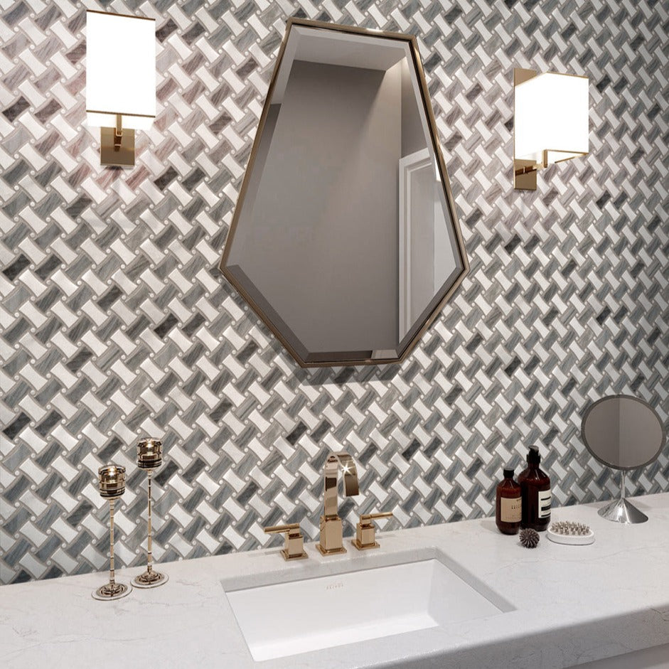 Gray White 11x11 Polished Basketweave Marble Mosaic Tile (5 pack, 4.2 sq ft/case) - Sample