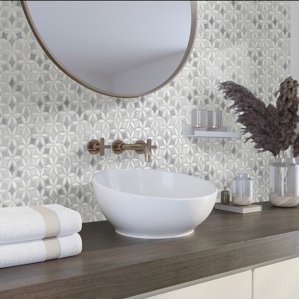 Gray White 12x15 Polished Multi-shaped Marble Mosaic Tile (5 pack, 6.18 sq ft/case) - Sample