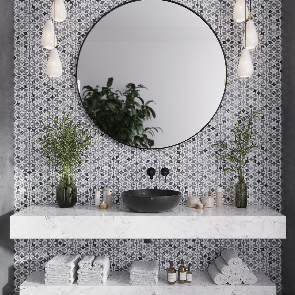 Gray White 12x15 Polished Floral Marble Mosaic Tile (5 pack, 6.18 sq ft/case)