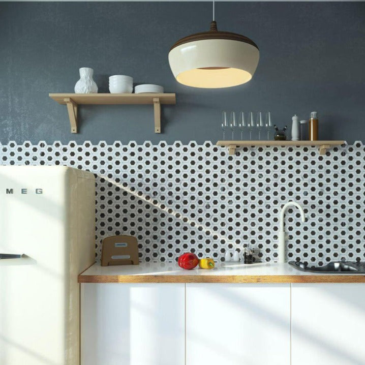Gray White 11x13 Polished Hexagon Marble Mosaic Tile (5 pack, 5.15 sq ft/case) - Sample