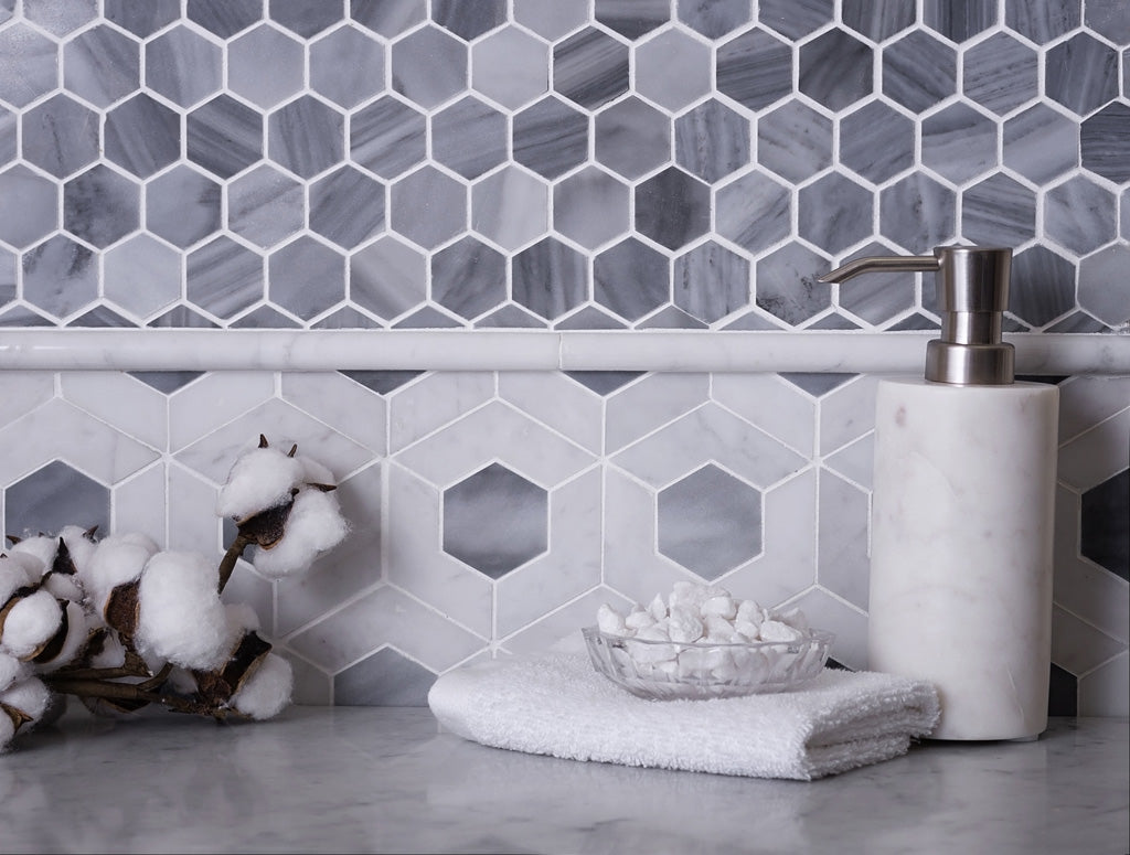 Gray White 11x13 Polished Hexagon Marble Mosaic Tile (5 pack, 5.15 sq ft/case) - Sample