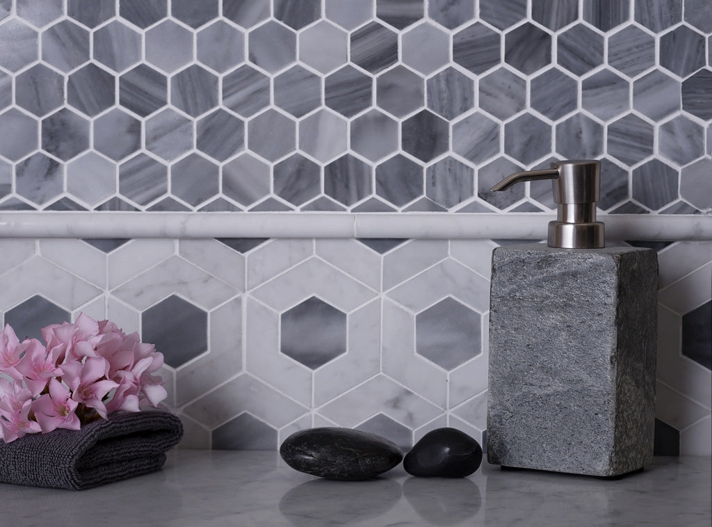 Gray White 11x13 Polished Hexagon Marble Mosaic Tile (5 pack, 5.15 sq ft/case) - Sample