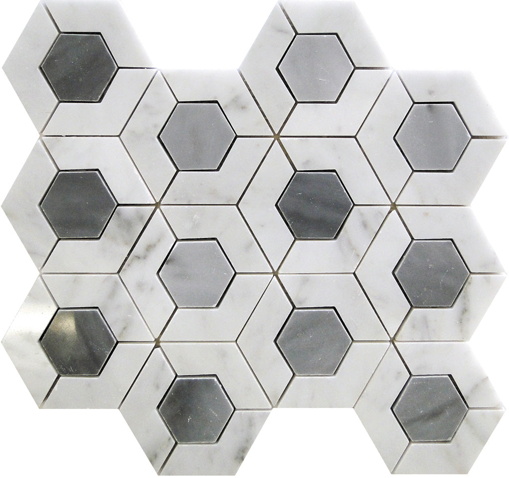 Gray White 11x13 Polished Hexagon Marble Mosaic Tile (5 pack, 5.15 sq ft/case) - Sample