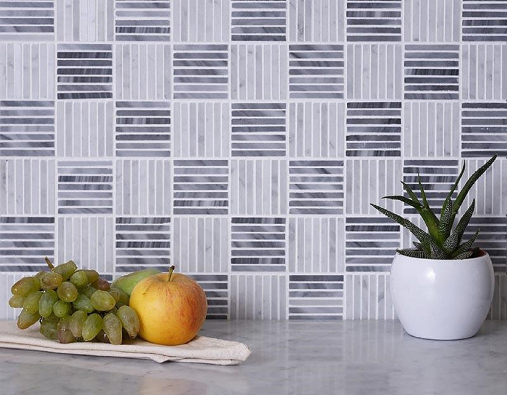 12x12 White and Gray Polished Marble Mosaic Tile
