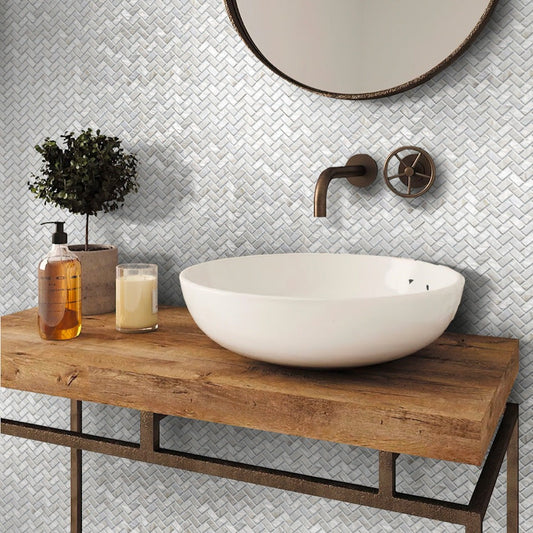 Powder White 10x11 Polished Herringbone Shell Mother of Pearl Mosaic Tile (20 pack, 16.49 sq ft/case) - Sample