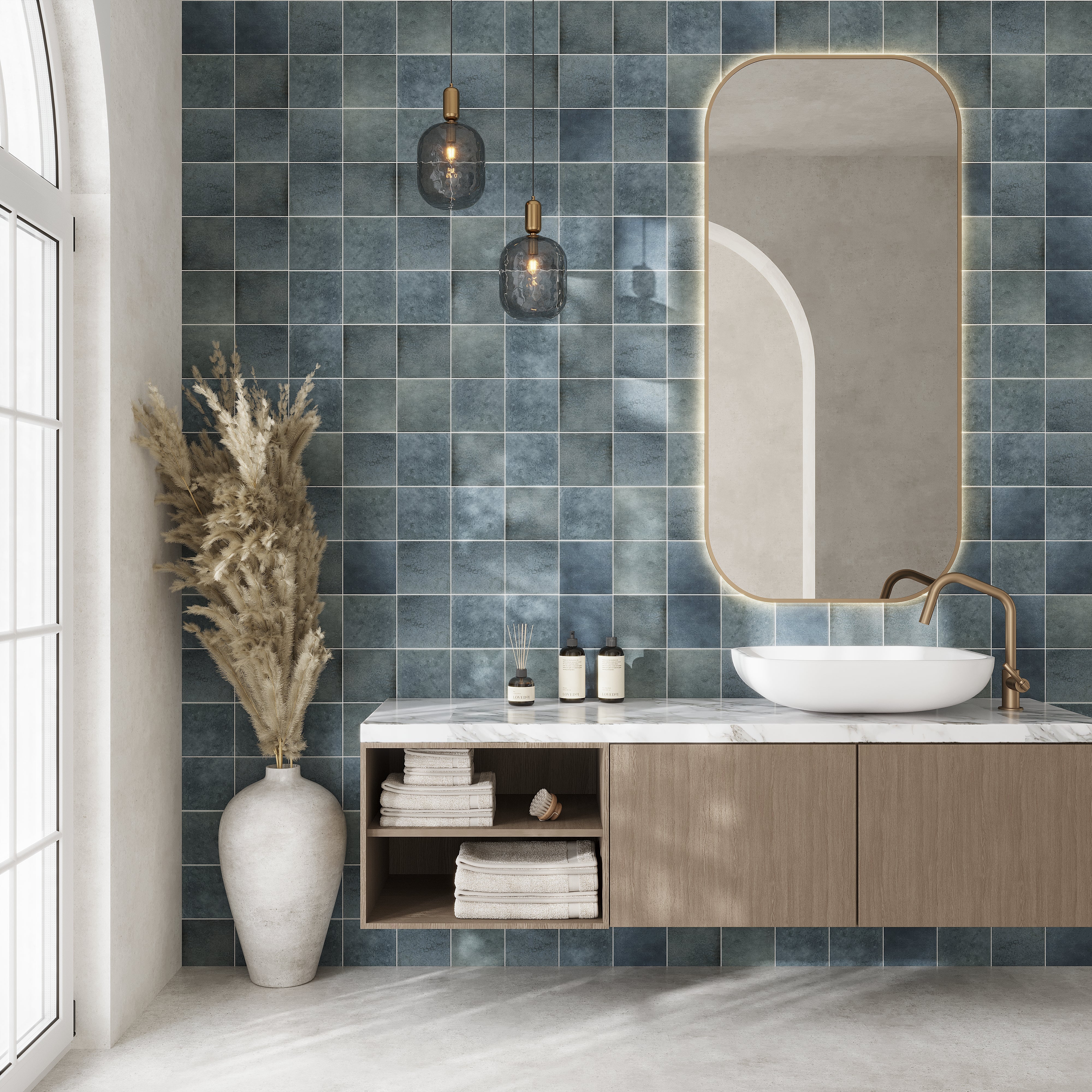 planpo スクエアトレイ　ペールブルー Dusty Blue 6x6 Matte Zellige Square Porcelain Tile (22 pack, 5.38