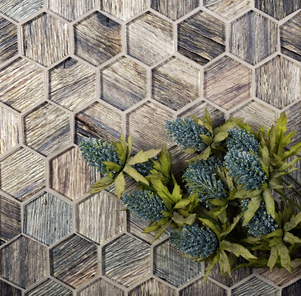 Hexagon Wood Look Glass Mosaic Tile 