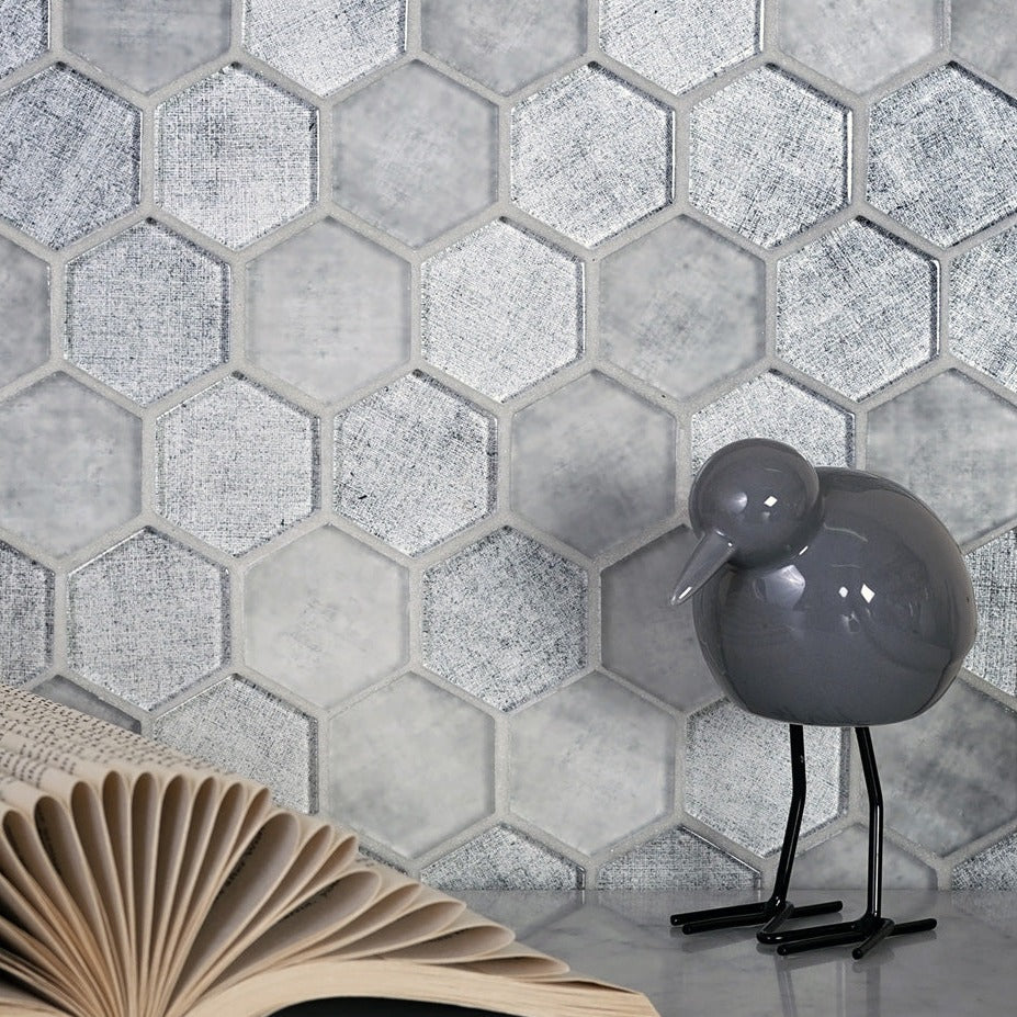 Gray 12x12 Glossy Hexagon Glass Mosaic Tile (5 pack, 4.83 sq ft/case) - Sample