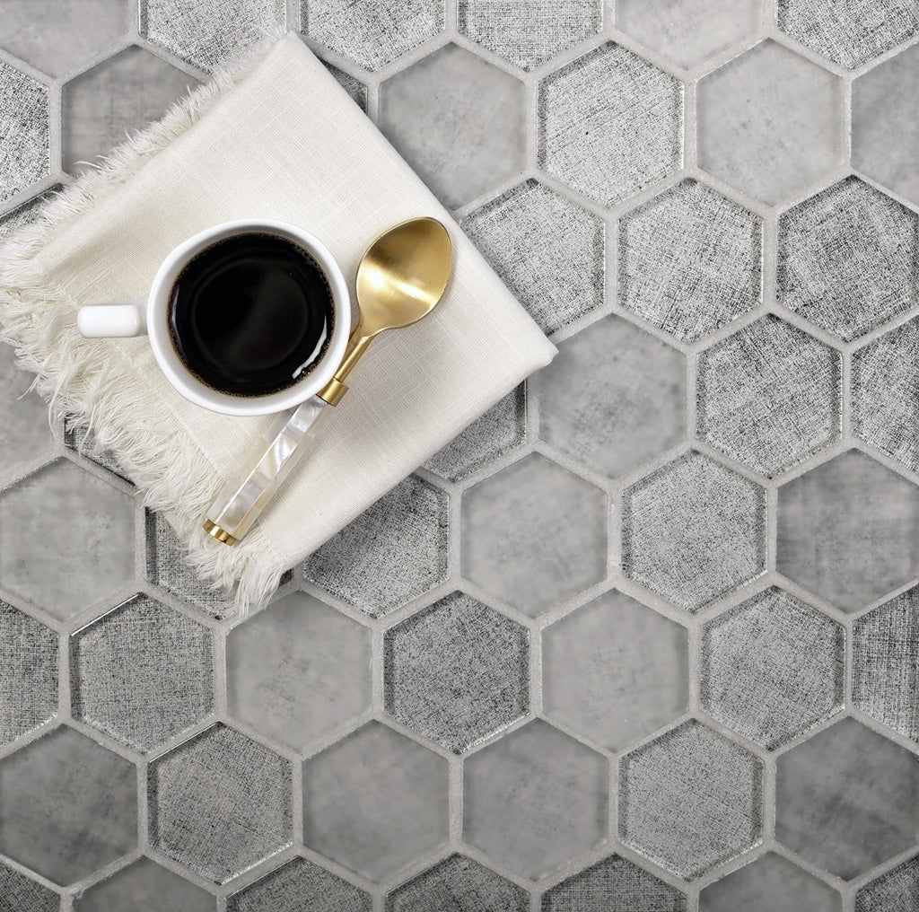 Gray 12x12 Glossy Hexagon Glass Mosaic Tile (5 pack, 4.83 sq ft/case) - Sample