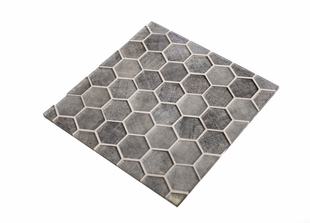 2x12 Coin Gray Hexagon Polished Glass Mosaic Tile 