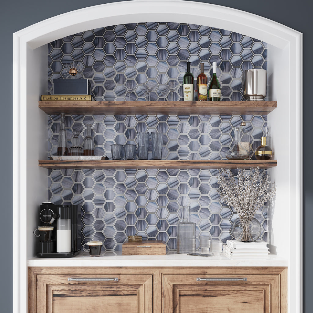 Silver Midnight Blue 9x10 Matte Hexagon Glass Mosaic Tile (5 pack, 3.28 sq ft/case)