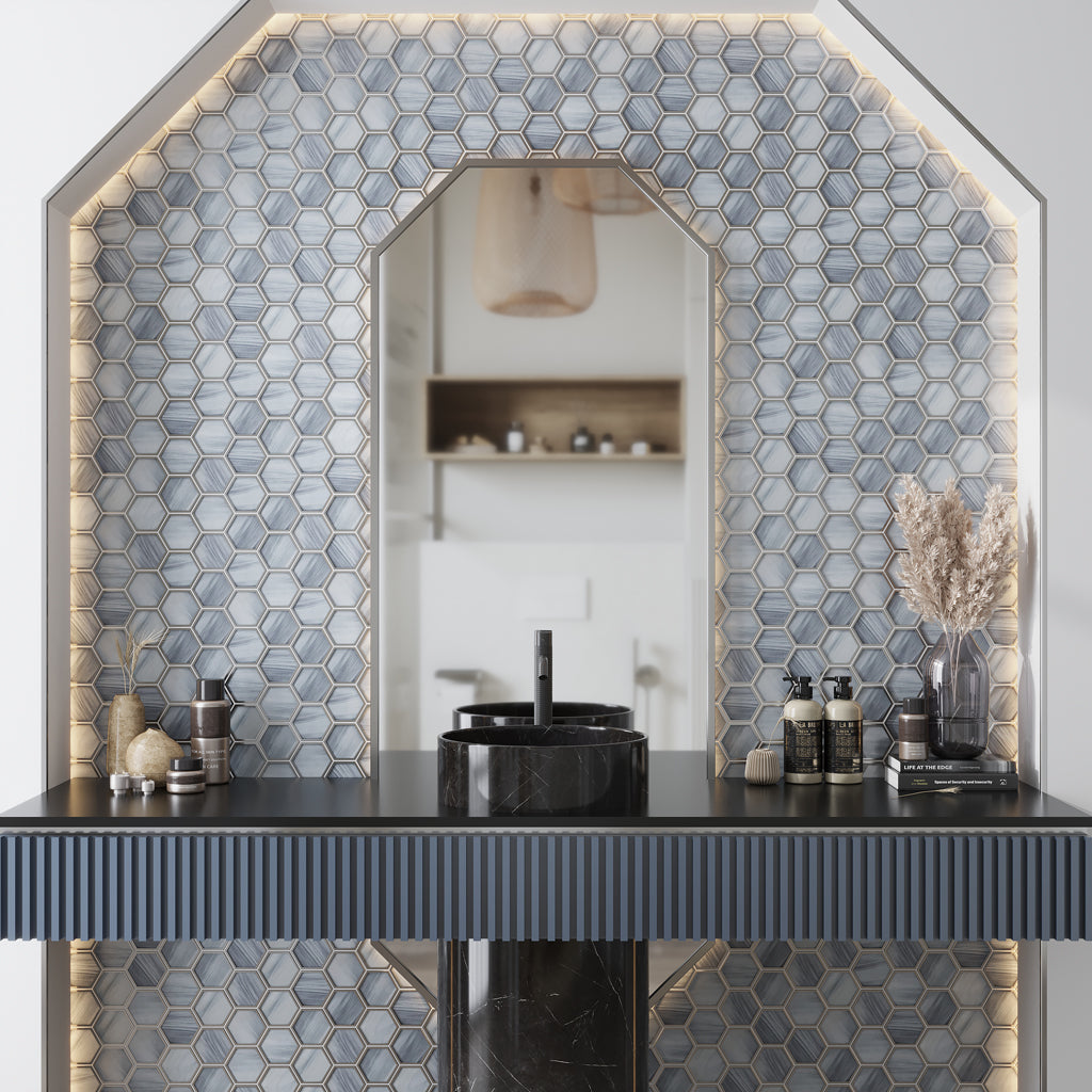 Light Frost Blue 9x10 Matte Hexagon Glass Mosaic Tile (5 pack, 3.28 sq ft/case)