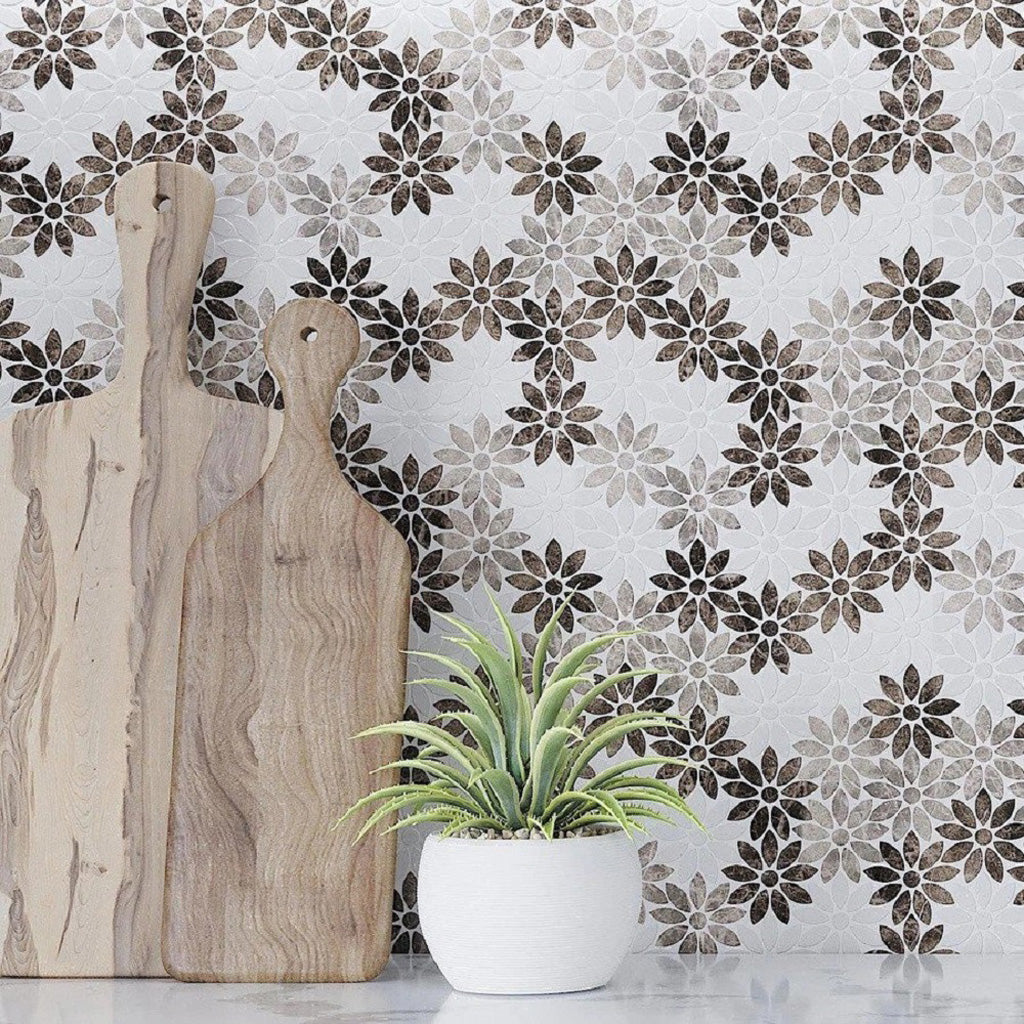 Eastern Brown White 11x12 Polished Multi-shaped Marble Mosaic Tile