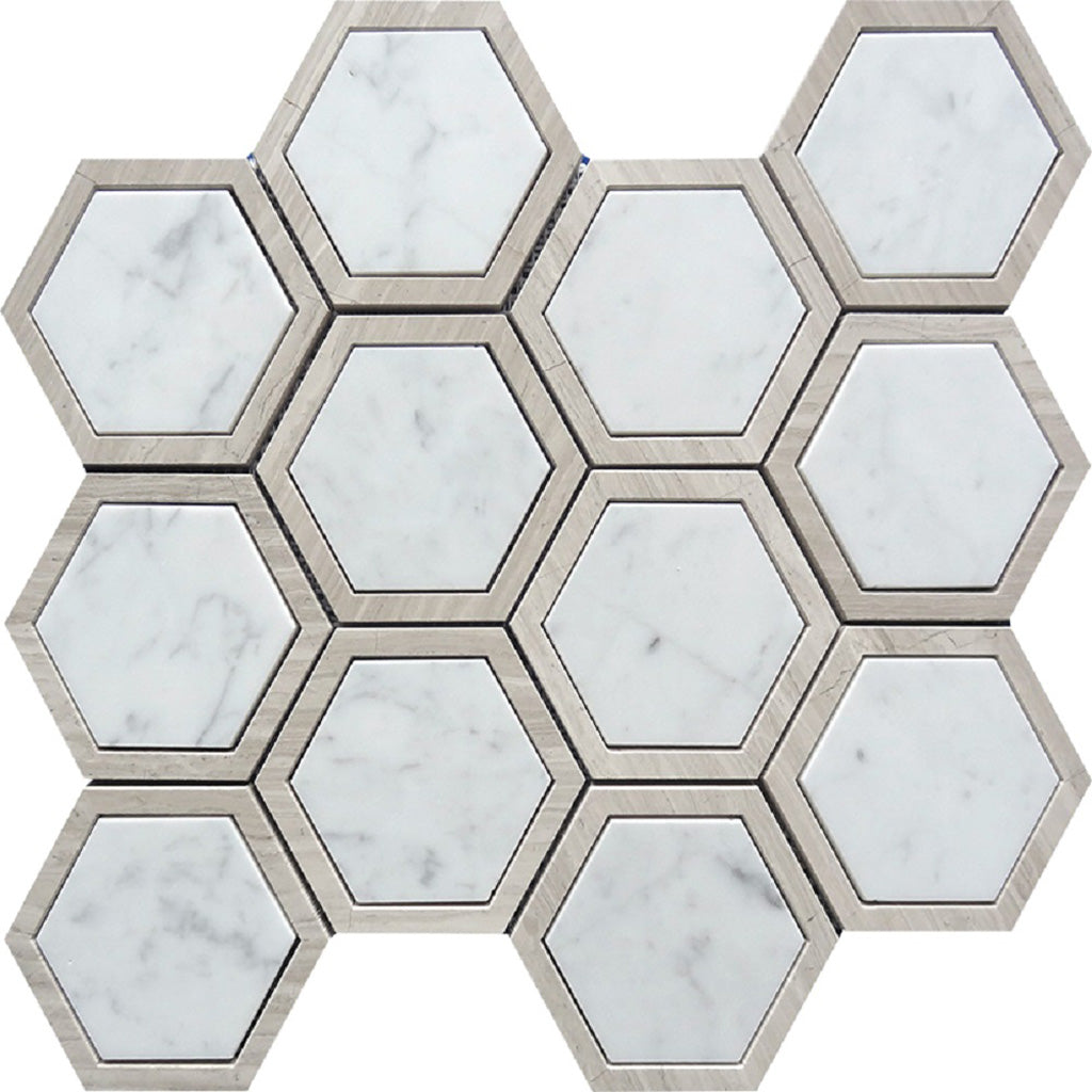 White Beige 12x14 Hexagon Polished Marble Mosaic Tile (5 pack, 5.48 sq ft/case) - Sample