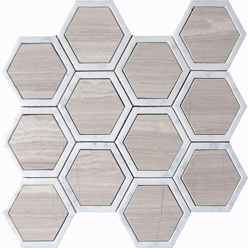White Beige 12x14 Polished Hexagon Marble Mosaic Tile (5 pack, 5.48 sq ft/case) - Sample