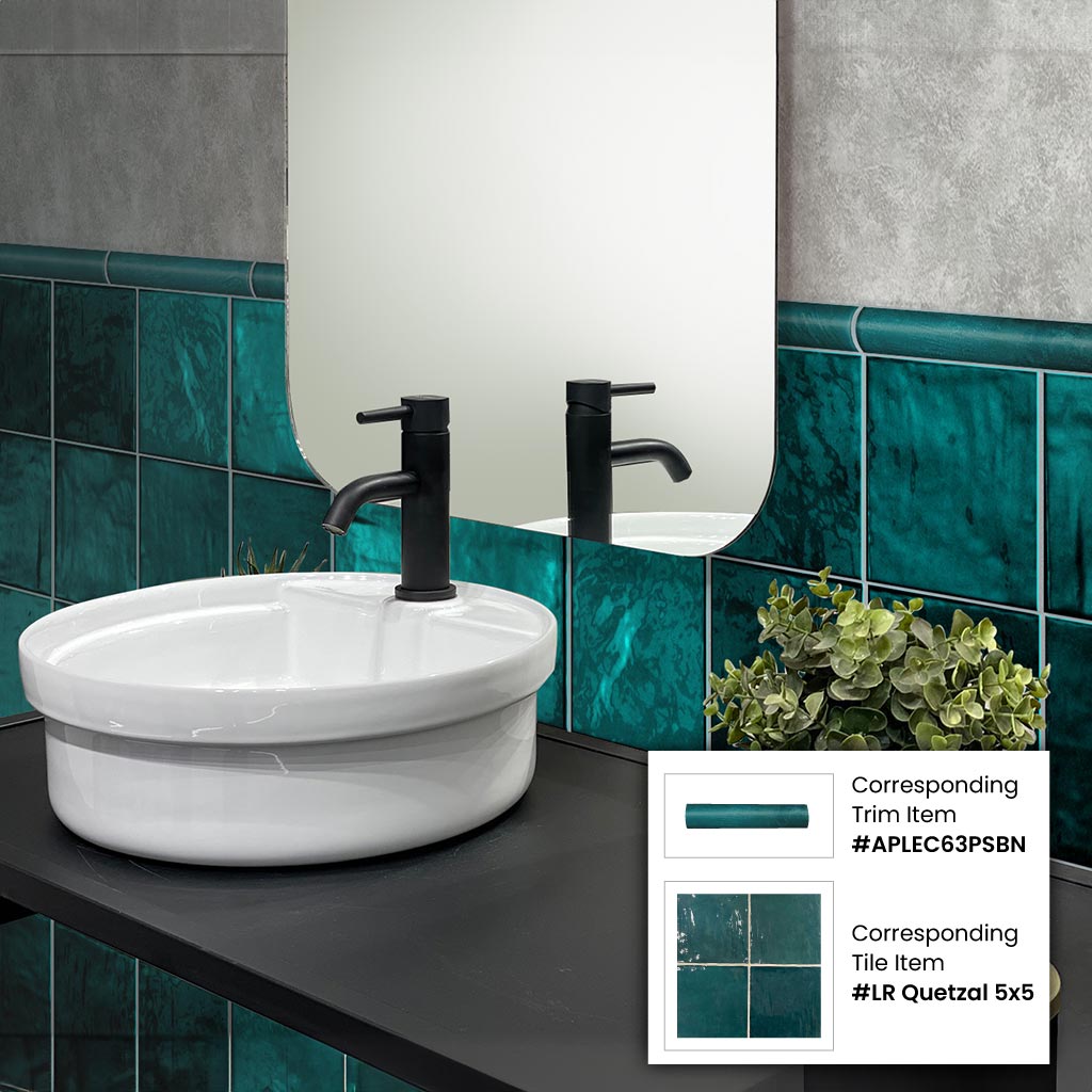 Teal Green 1x8 Glossy Ceramic Bullnose Tile Trim (10 pack, 0.556 sq ft/case) - Sample
