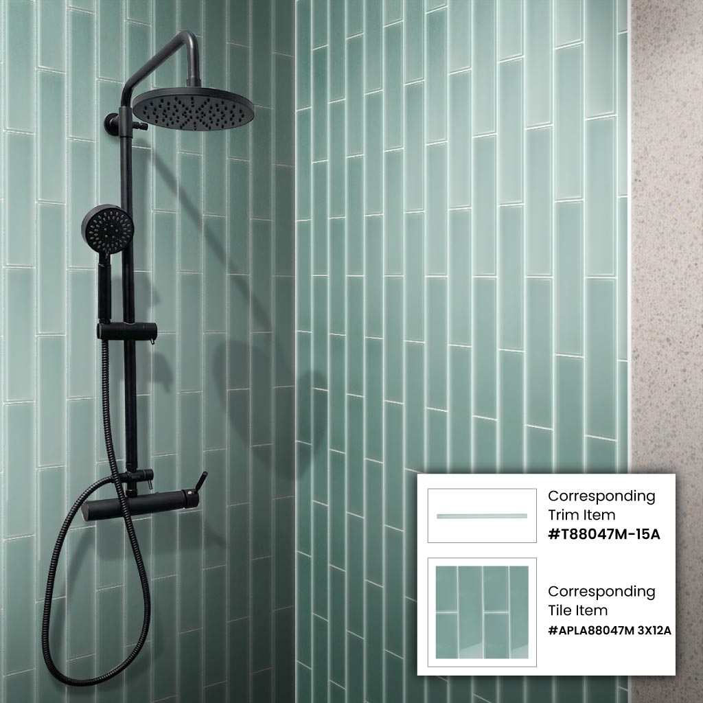 Blizzard blue matte glass subway tiles 3x12 inch on bathroom shower walls