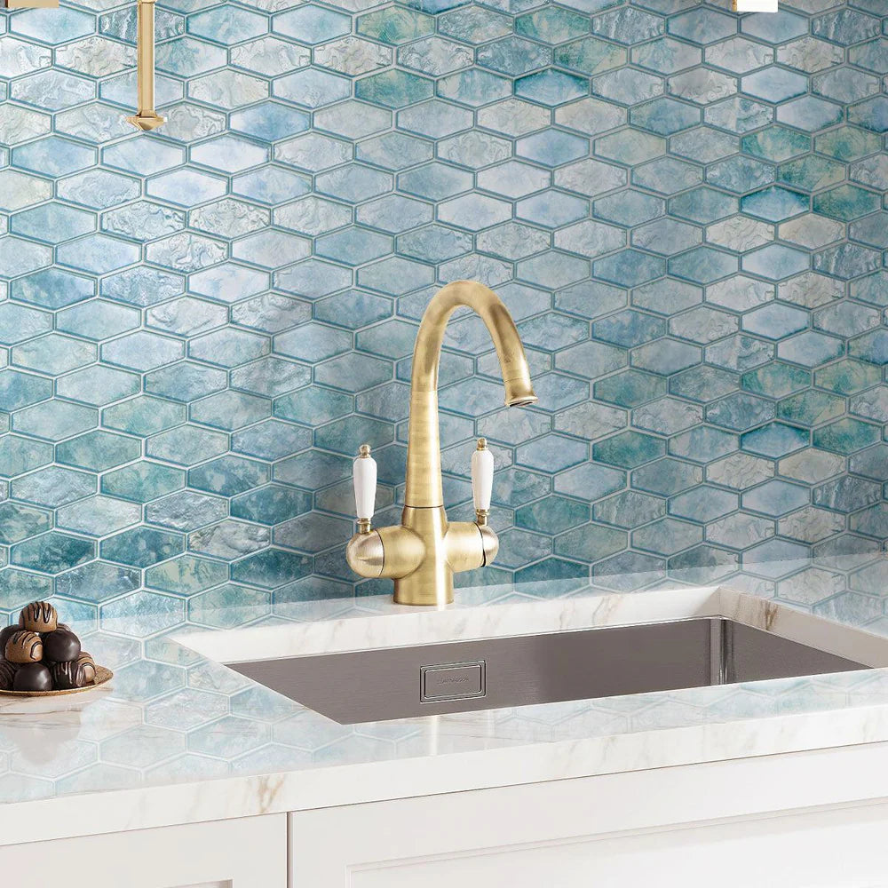 Aqua 11x12 Matte Elongated Hexagon Glass Mosaic Tile (10 pack, 8.6 sq ft/case)