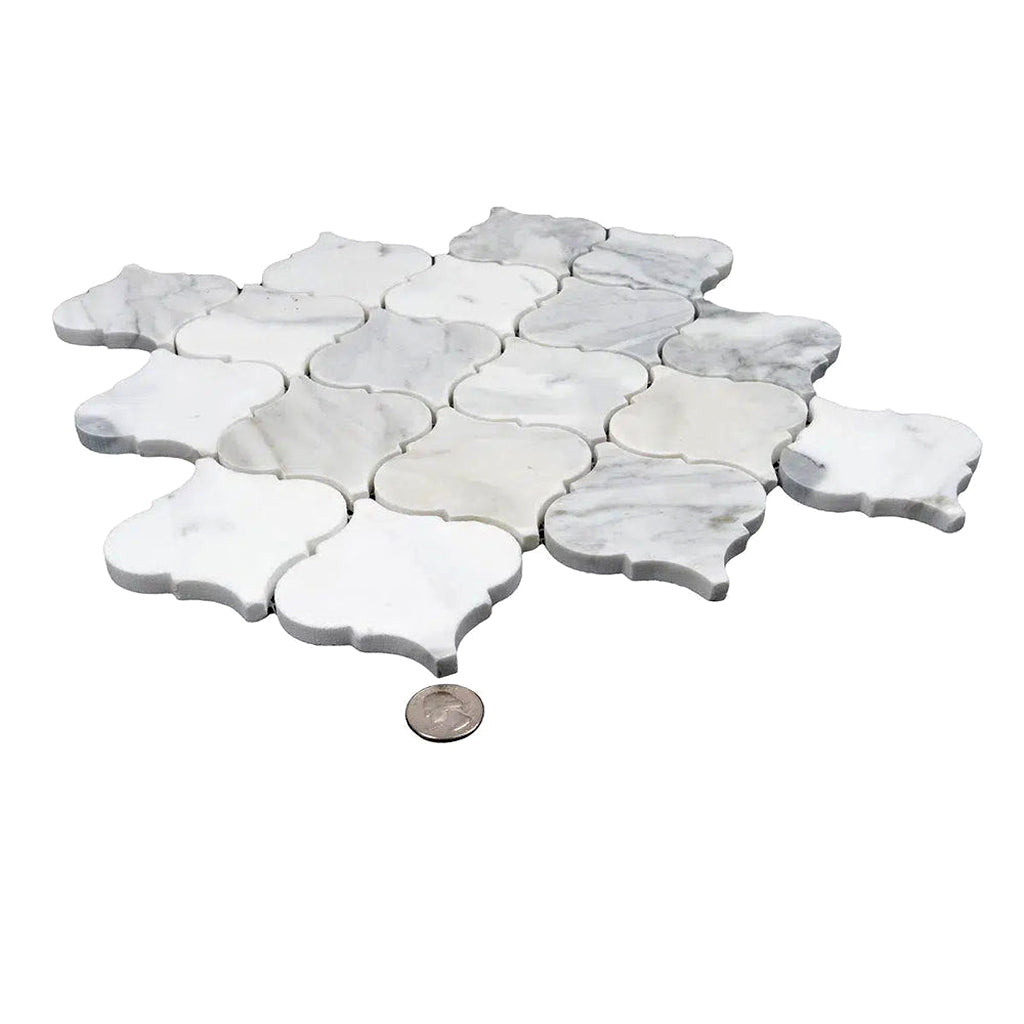 White 11x11 Polished Arabesque Calacatta Mosaic Tile (5 pack, 5.35 sq ft/case) - Sample