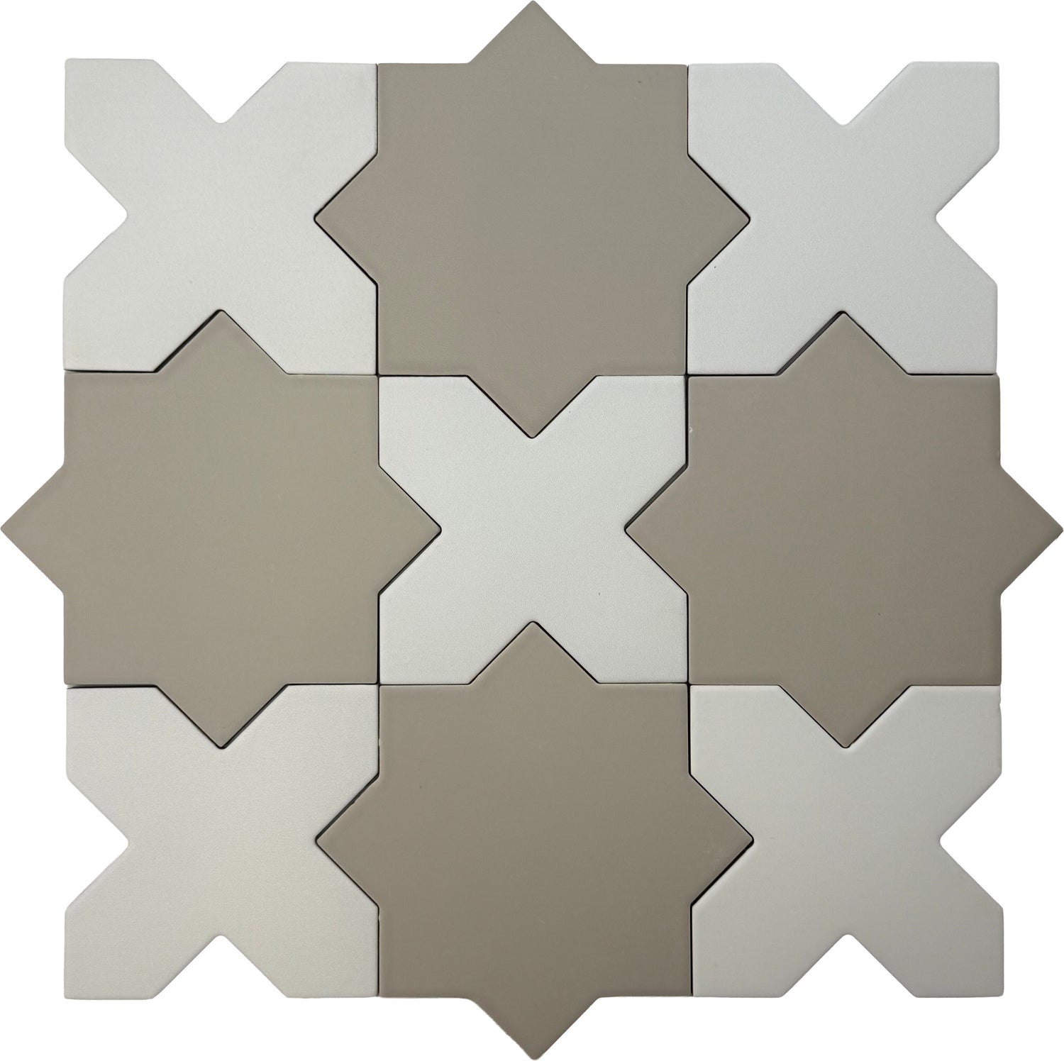 Ecru Taupe 7" Star with Pure White 5" Cross Matte Porcelain (10.62 sq ft/case) - 68 Pack-sample