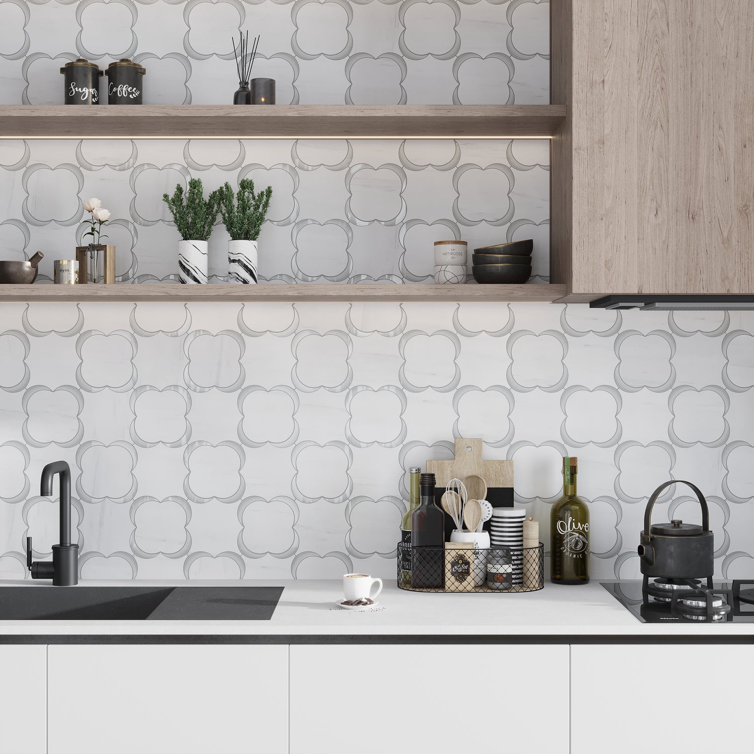 White Gray 11x11 Polished Floral Star Marble Glass Mosaic Tile (5 pack, 4.28 sq ft/case) - Sample