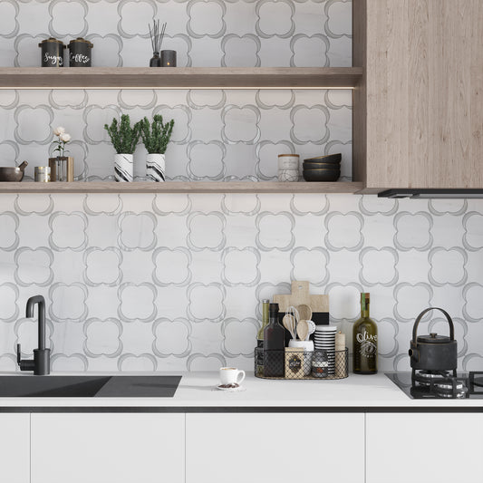 White Gray 11x11 Polished Floral Star Marble Glass Mosaic Tile (5 pack, 4.28 sq ft/case) - Sample