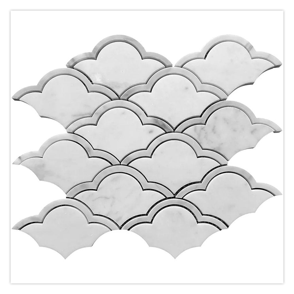 Soft White Gray 9x10 Polished Fan Scalloped Bianco Carrara Marble Mosaic Tile (5 pack, 3.06 sq ft/case)