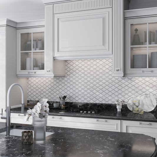 Soft White Gray 9x10 Polished Fan Scalloped Bianco Carrara Marble Mosaic Tile (5 pack, 3.06 sq ft/case)