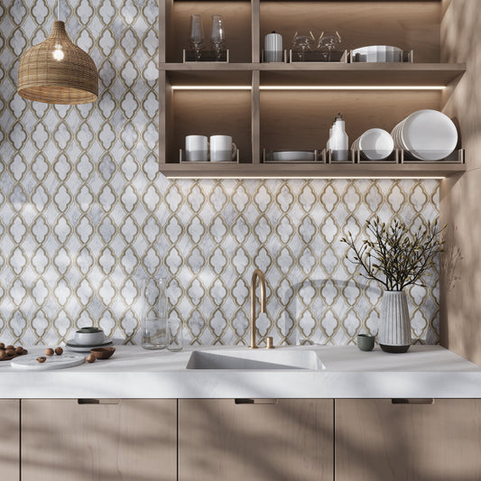 Bianco Carrara, Wooden Grey, Athens Grey 14x14 Polished Arabesque Marble Mosaic Tile (5 pack, 7 sq ft/case)