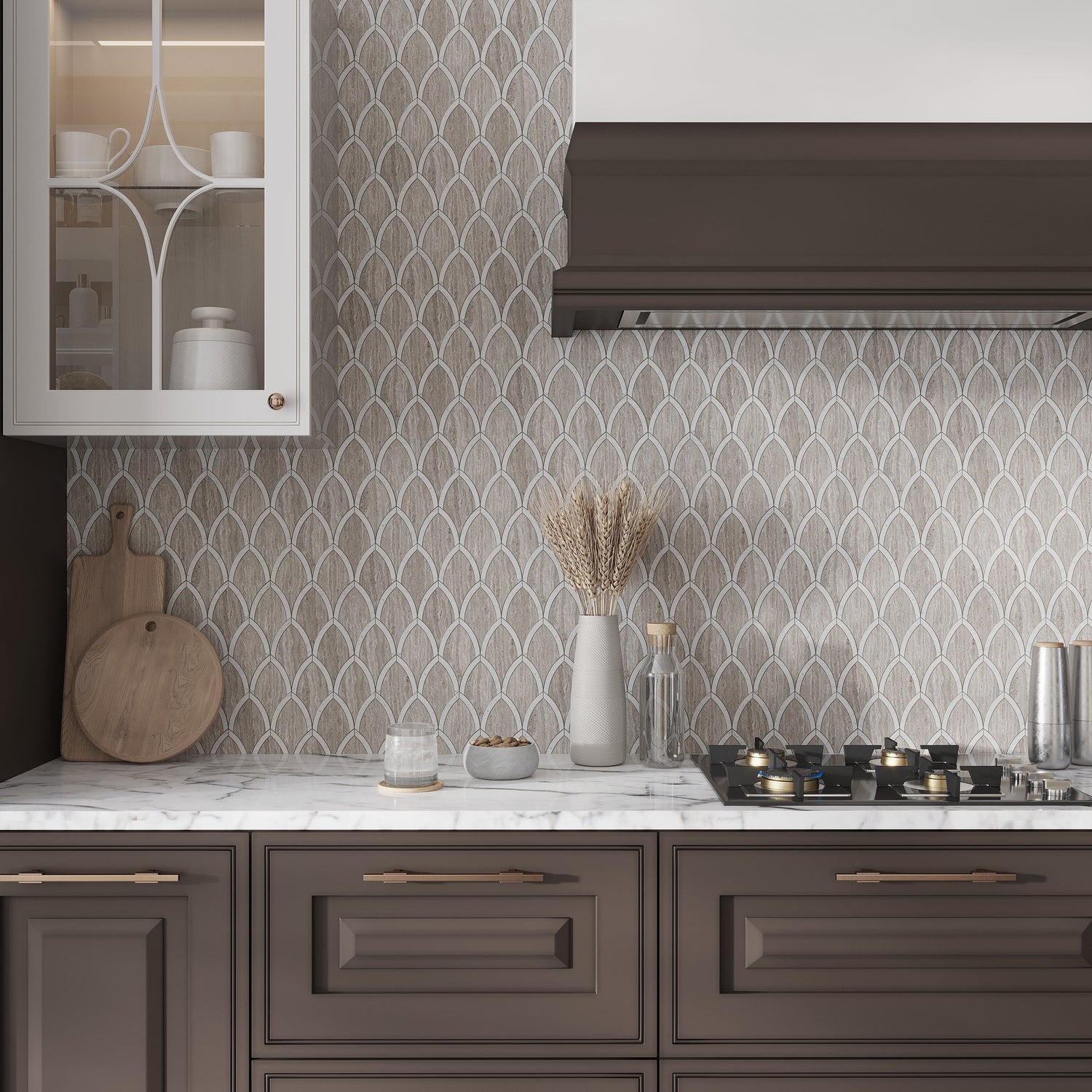 Wooden Beige White 9x10 Polished Fan Fish Scale Marble Mosaic Tile (5 pack, 3 sq ft/case) - Sample