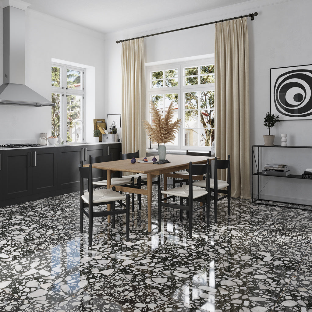 Jet Black 24x24 Polished Square Terrazzo Large Format Tile (4 pack, 15.5 sq ft/case)