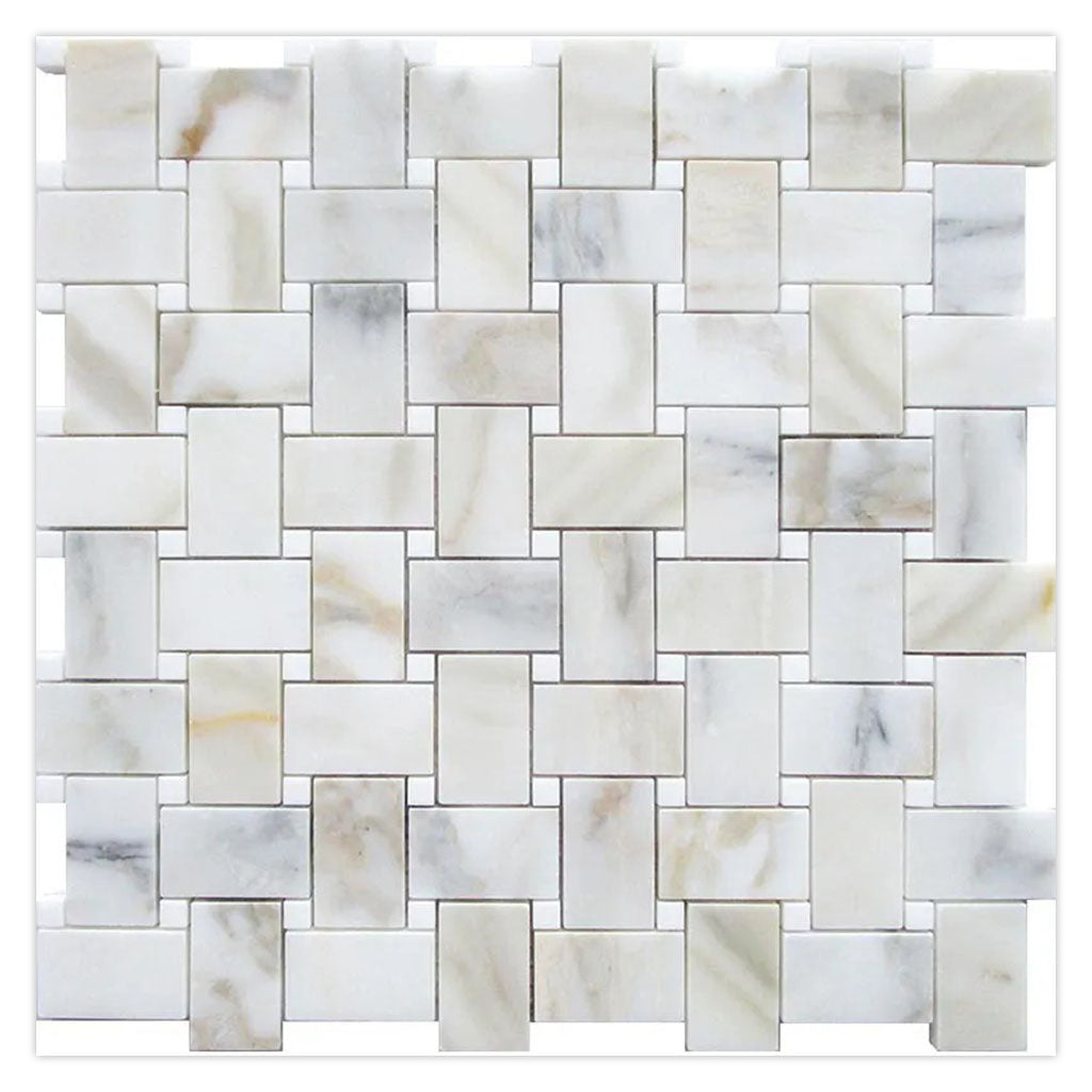 White Gray 12x12 Polished Basketweave Calacatta Gold Thassos Marble Mosaic Tile (5 pack, 5 sq ft/case)