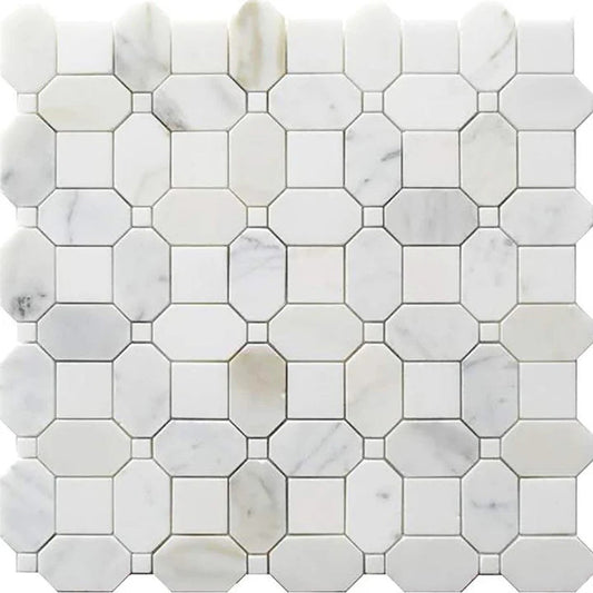 Serena 12x12 White Gray Calacatta Gold, Thassos Mosaic octagon & dot Wall and Floor Tile (5 Pack, 5.17 sq ft/case) - Sample
