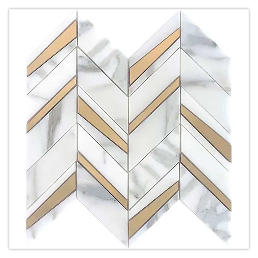 White Gray with Gold 12x12 Polished Chevron Calacatta Gold Brass Marble Mosaic Tile (5 pack, 5 sq ft/case)