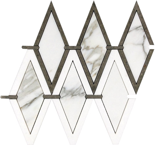Serena 10x13 White Gray Calacatta, Thassos, Lagos Azul Mosaic Diamond Wall and Floor Tile (5 Pack, 4.68 sq ft/case) - Sample