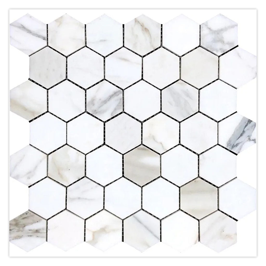 White Gray 12x12 Polished Hexagon Calacatta Gold Marble Mosaic Tile (5 pack, 4.83 sq ft/case)