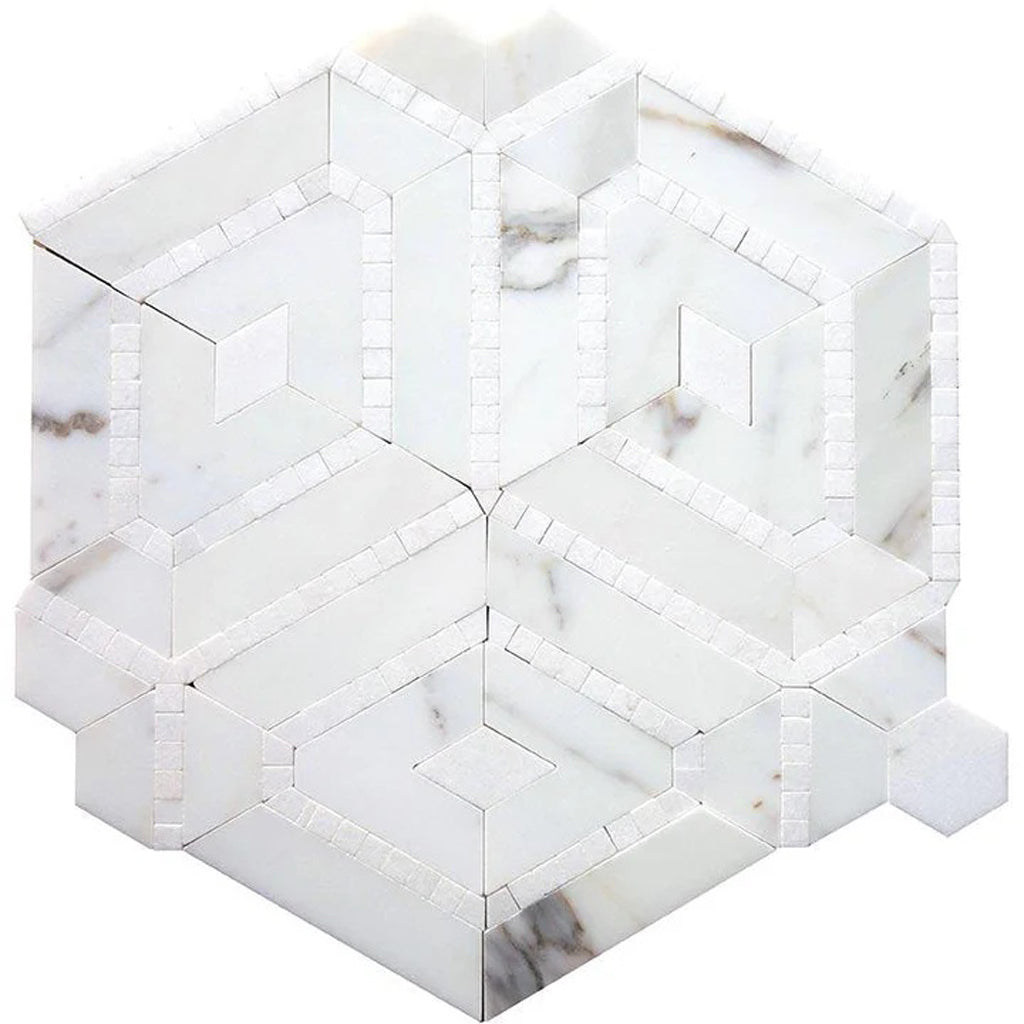 Serena 9x10 White Gray Calacatta Gold, Thassos Mosaic Tumbling cube Wall Tile (5 Pack, 3.28 sq ft/case) - Sample
