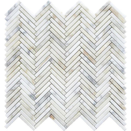 Serena 11x11 White Gray Calacatta Gold Mosaic Herringbone Wall and Floor Tile (5 Pack, 4.2 sq ft/case) - Sample