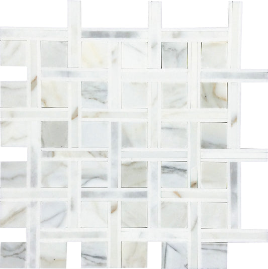 Serena 12x12 White Gray Calacatta Gold, Thassos Mosaic Basketweave Wall and Floor Tile (5 Pack, 5 sq ft/case) - Sample