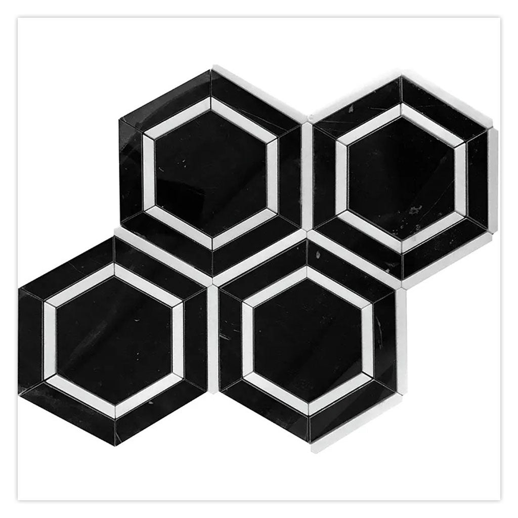 Raven Black 11x13 Polished Hexagon Nero Marquina Thassos Marble Mosaic Tile (5 pack, 5.21 sq ft/case)