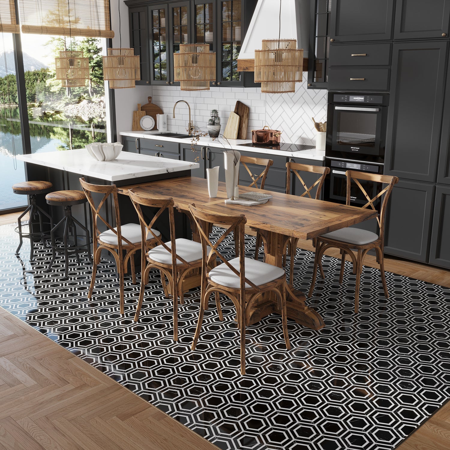 Raven Black 11x13 Polished Hexagon Nero Marquina Thassos Marble Mosaic Tile (5 pack, 5.21 sq ft/case)